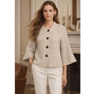 Banana Republic 100% Wool Ribbed Bell Sleeve Cardigan Sweater Oatmeal Beige Lg